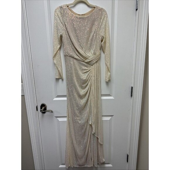 Mac Duggal Size 6 Cream 26715 Sequined Ruched Long Sleeve Formal Gown Dress New - Picture 5 of 11